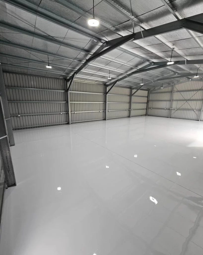 Polished epoxy flooring in large shed