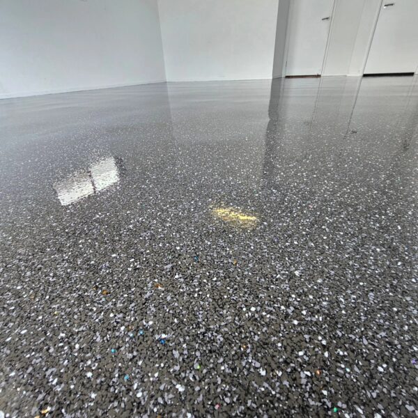 Garage epoxy floor from a low view