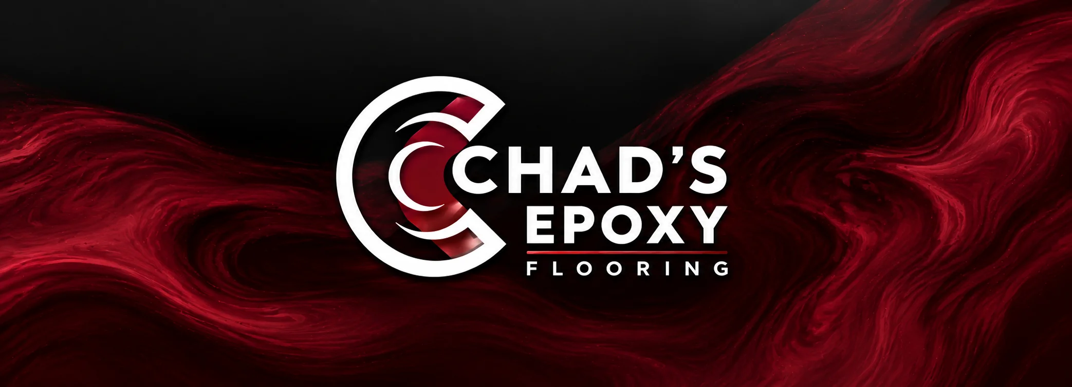 Chad's Epoxy Flooring logo on a wide red swirl banner
